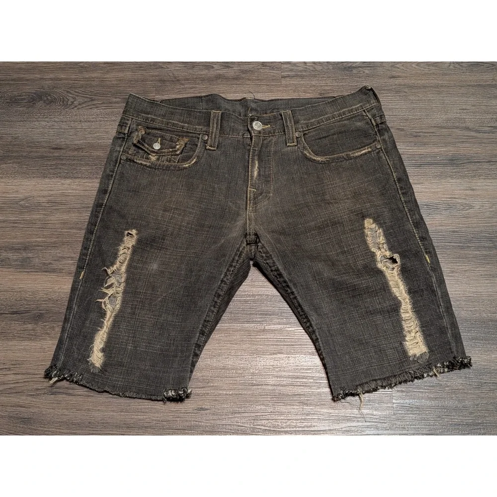 True Religion Joey Distressed Denim Jorts Mens 34 Black Gray Made in USA Y2K